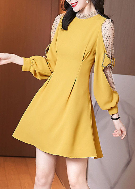 Italian Yellow Bow Patchwork Wrinkled Tulle Dress Spring