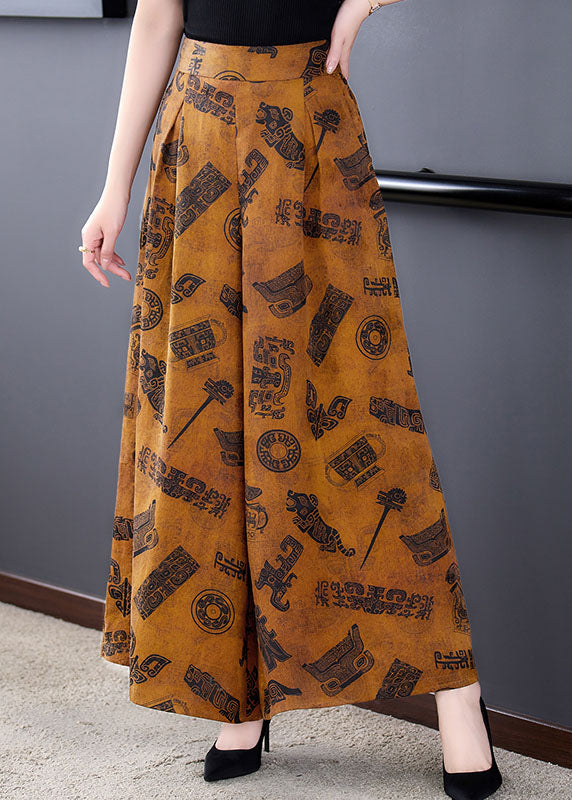 Italian Yellow Elastic Waist Pockets Print Draping Silk Wide Leg Pants Summer