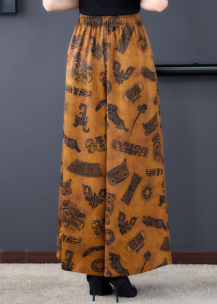 Italian Yellow Elastic Waist Pockets Print Draping Silk Wide Leg Pants Summer