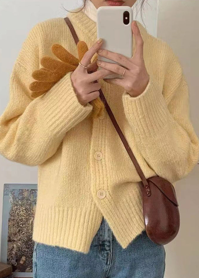 Italian Yellow O Neck Button Patchwork Cotton Knit Coat Fall