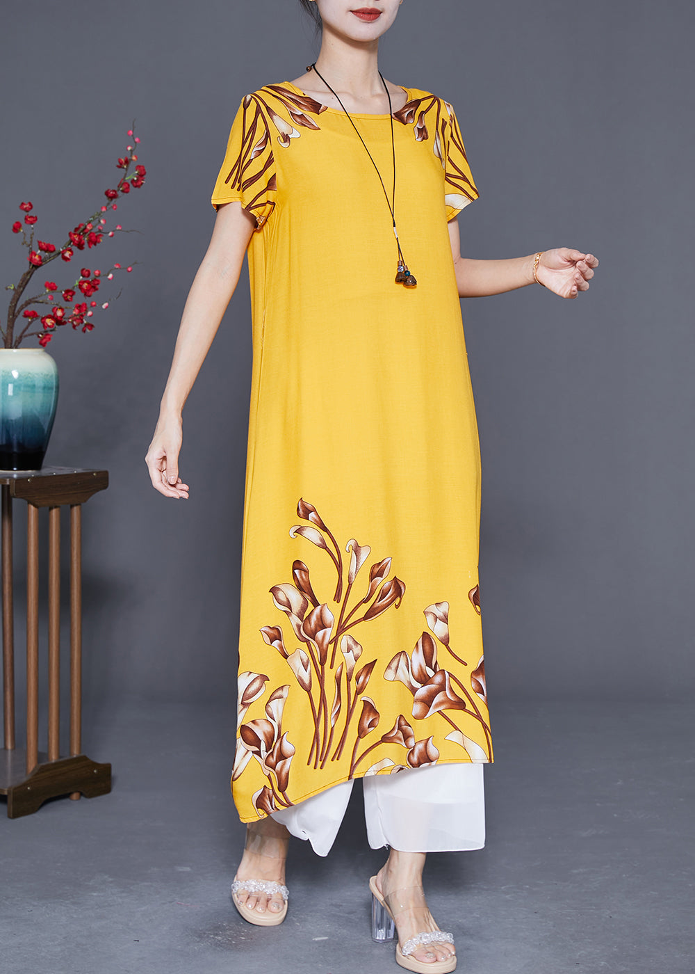 Italian Yellow Oversized Print Cotton Long Dresses Summer