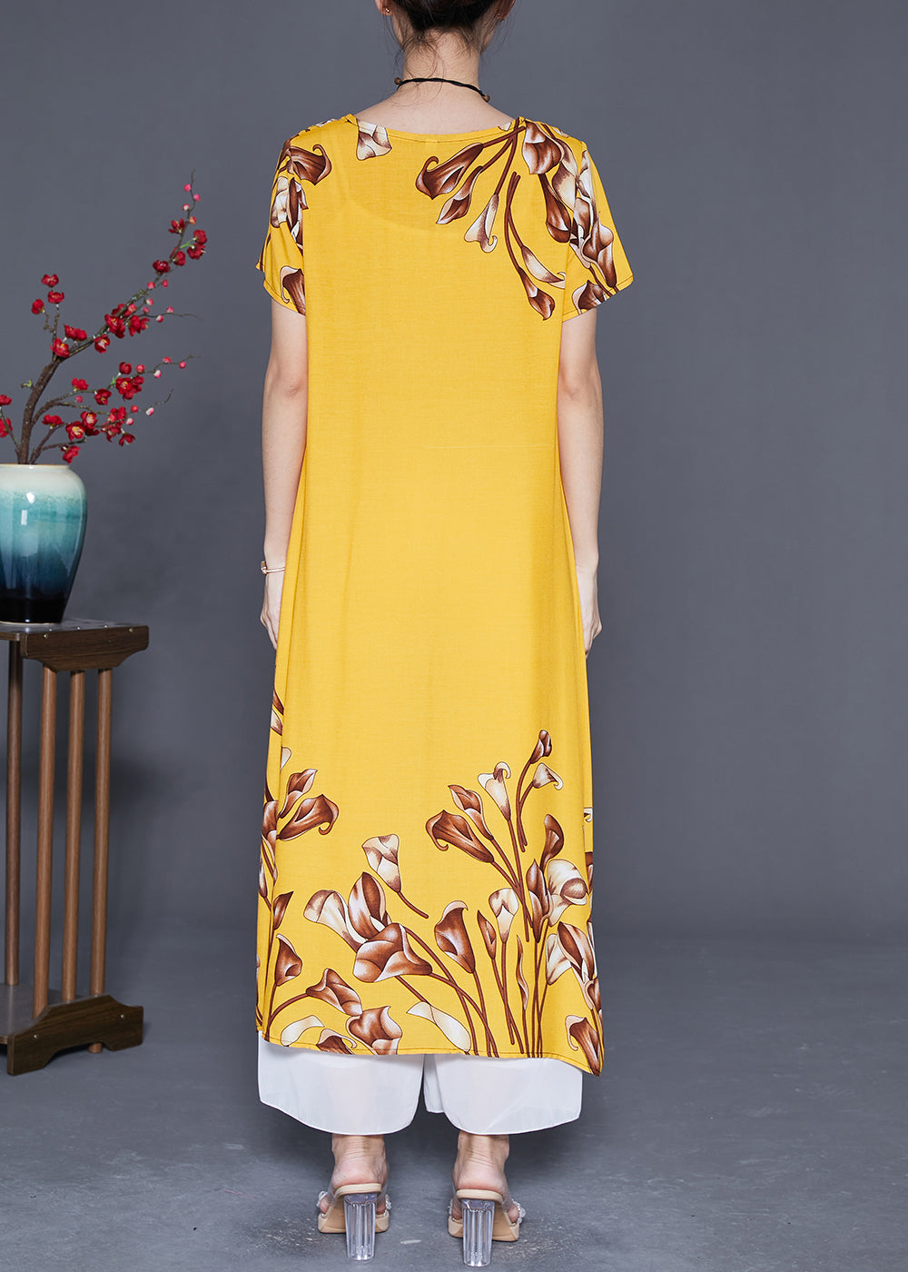 Italian Yellow Oversized Print Cotton Long Dresses Summer