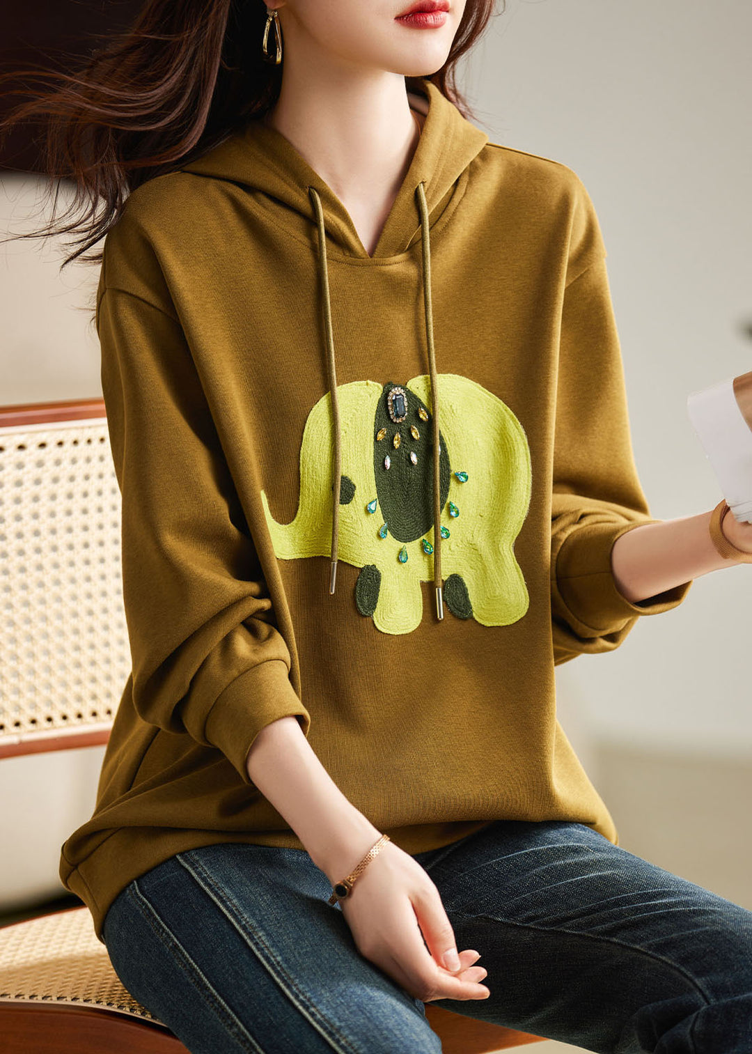 Italian Yellow Print Drawstring Hoodie Sweatshirt Long Sleeve