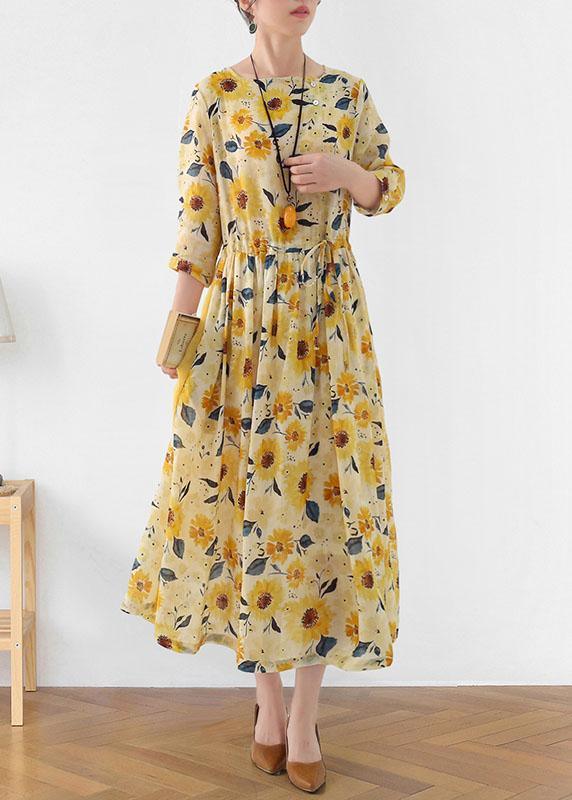 Italian Yellow Print Ramie Tie Waist Ankle Dress Fall - Omychic