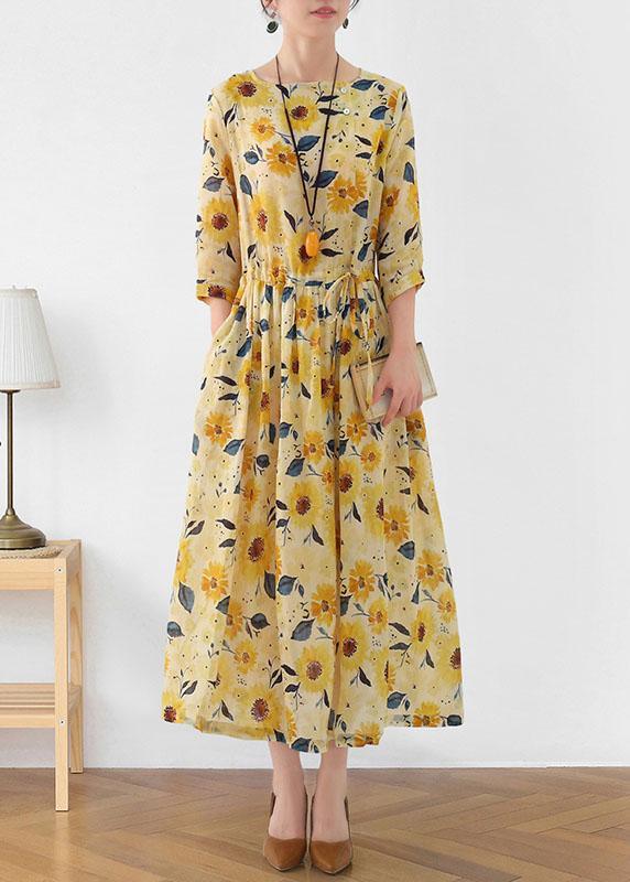 Italian Yellow Print Ramie Tie Waist Ankle Dress Fall - Omychic