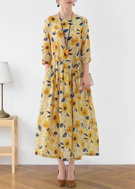 Italian Yellow Print Ramie Tie Waist Ankle Dress Fall - Omychic