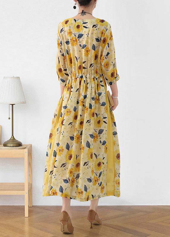 Italian Yellow Print Ramie Tie Waist Ankle Dress Fall - Omychic