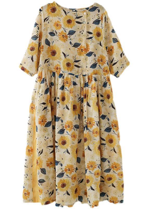 Italian Yellow Print Ramie Tie Waist Ankle Dress Fall - Omychic