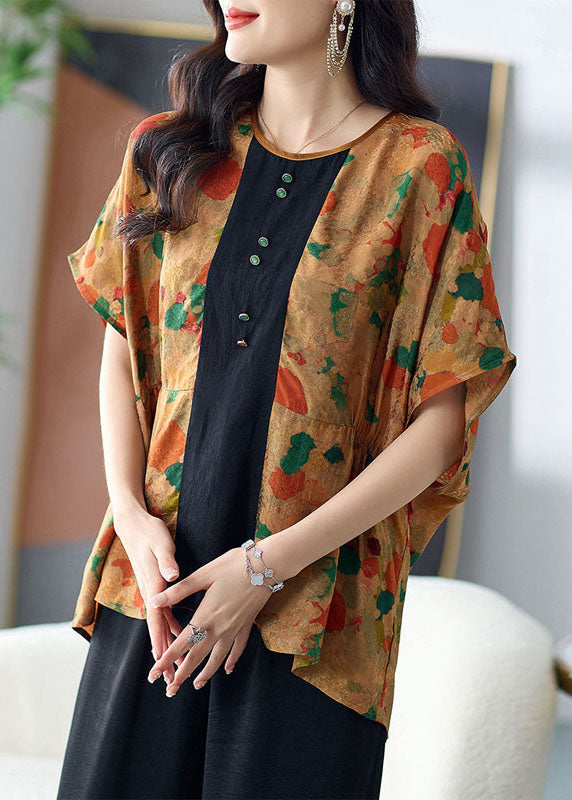 Italian Yellow Print Wrinkled Patchwork Silk T Shirt Top Summer