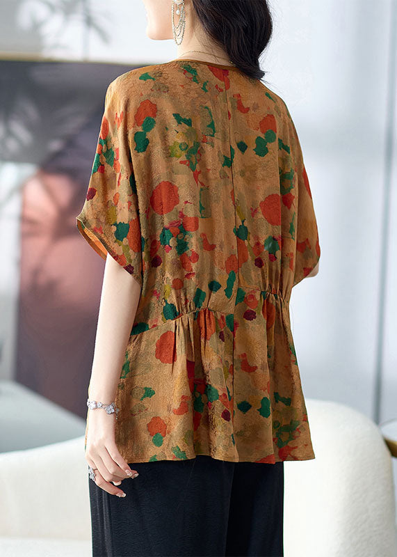 Italian Yellow Print Wrinkled Patchwork Silk T Shirt Top Summer