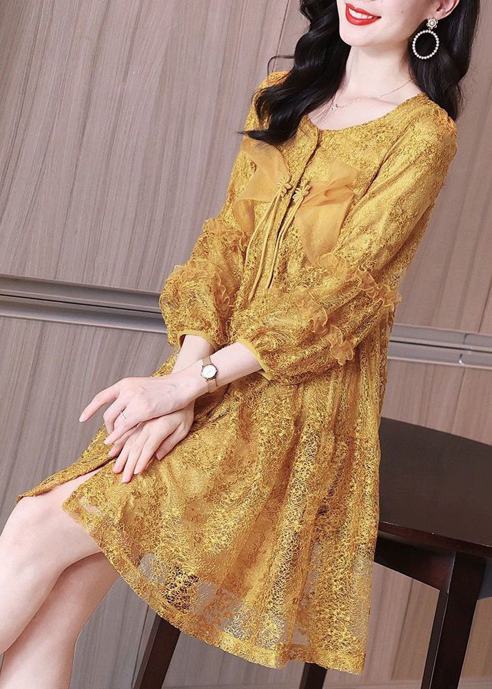 Italian Yellow Ruffled Button Lace Shirt Mid Dress Bracelet Sleeve