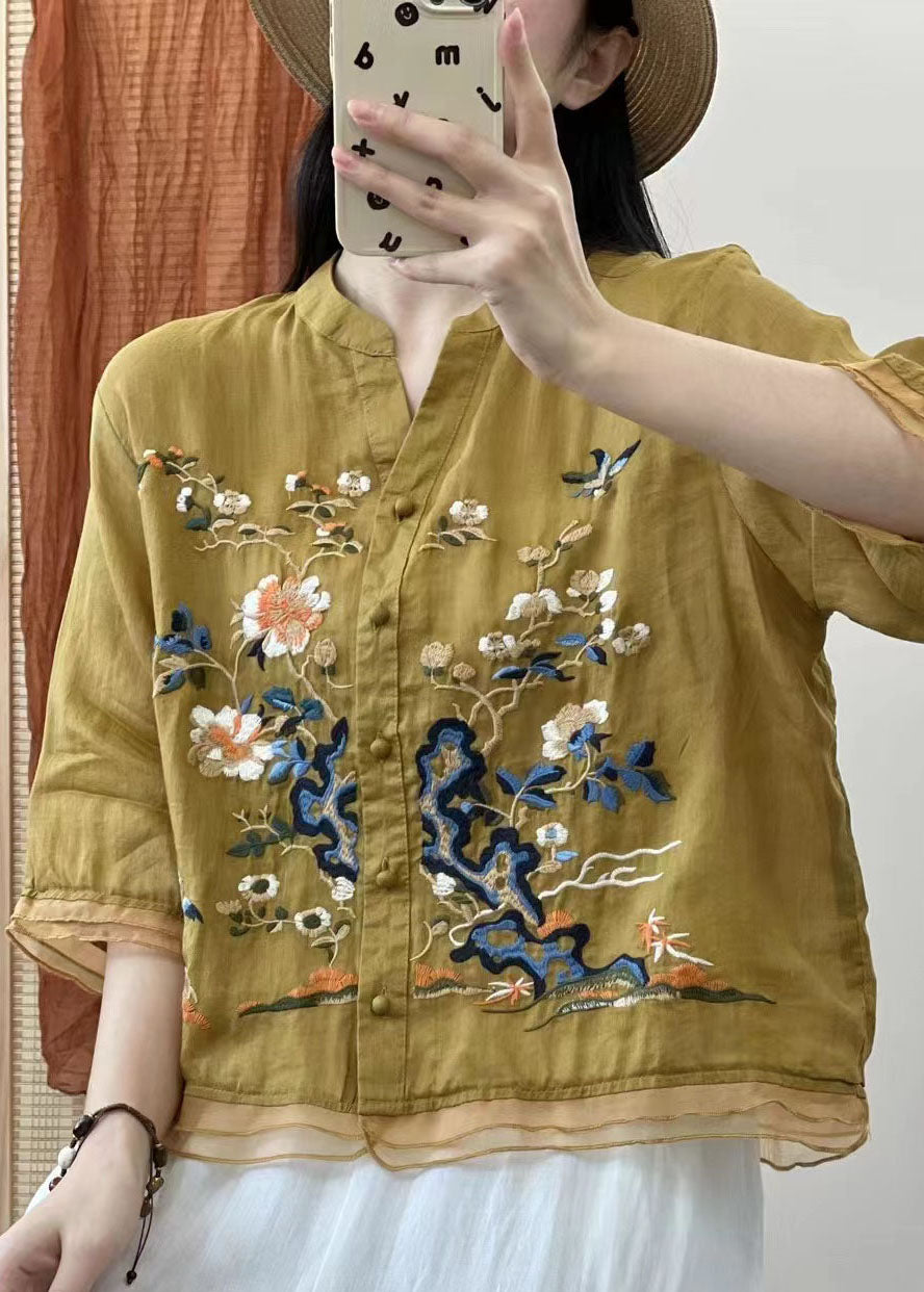 Italian Yellow Stand Collar Embroideried Button Patchwork Linen Blouses Summer