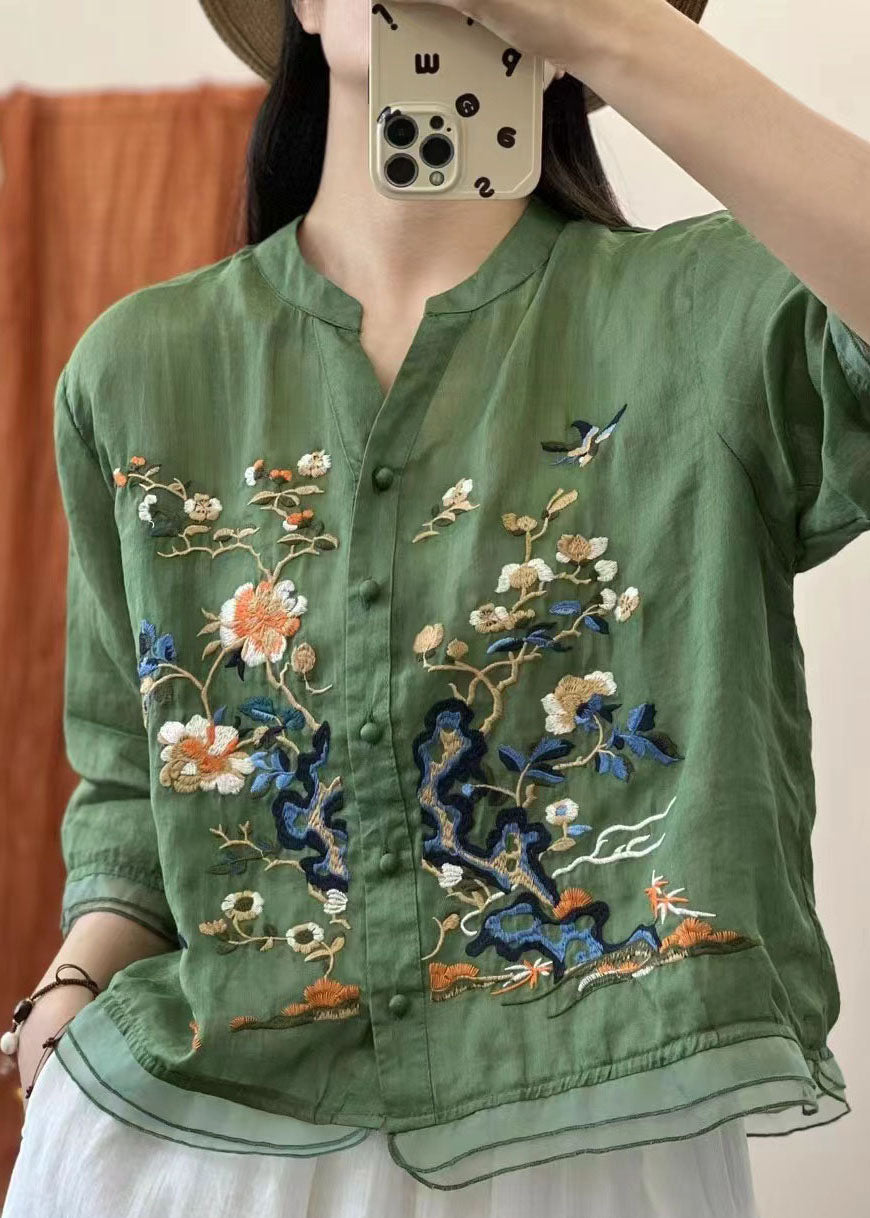 Italian Yellow Stand Collar Embroideried Button Patchwork Linen Blouses Summer