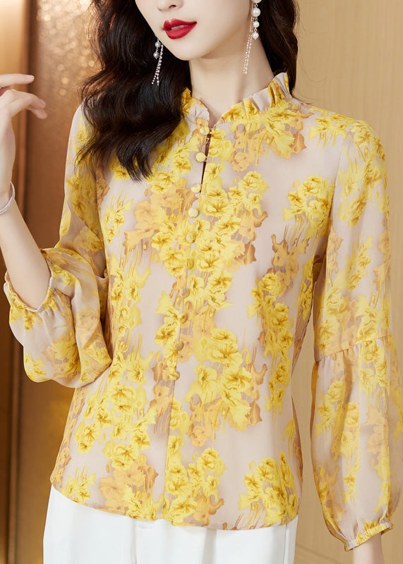 Italian Yellow Stand Collar Print Button Chiffon Shirt Long Sleeve - Omychic