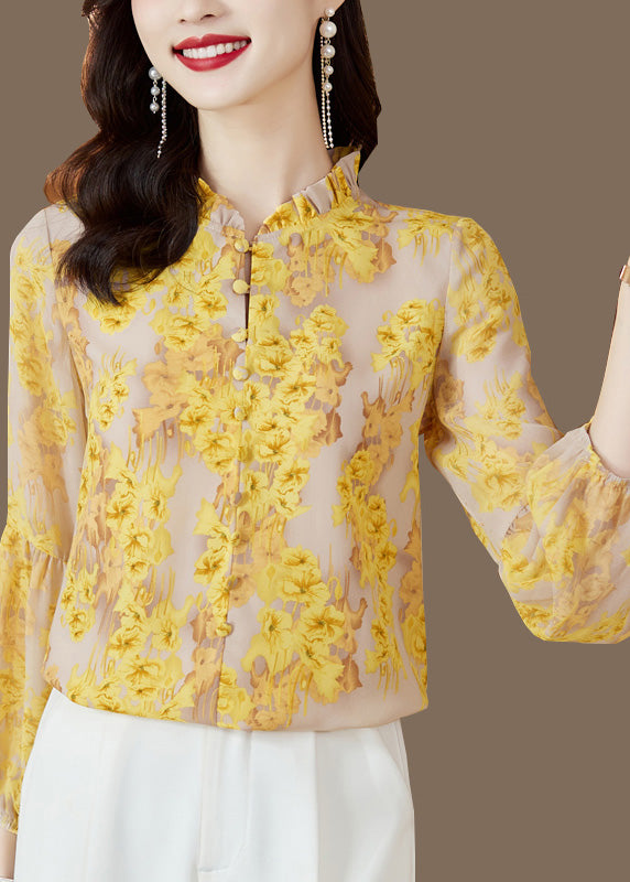 Italian Yellow Stand Collar Print Button Chiffon Shirt Long Sleeve - Omychic