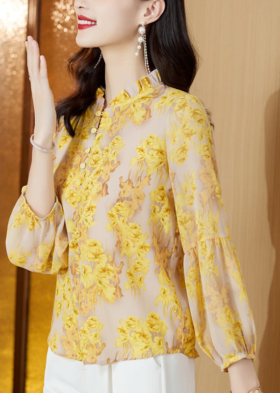 Italian Yellow Stand Collar Print Button Chiffon Shirt Long Sleeve - Omychic