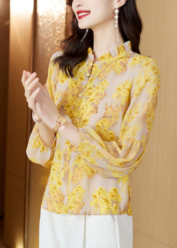 Italian Yellow Stand Collar Print Button Chiffon Shirt Long Sleeve