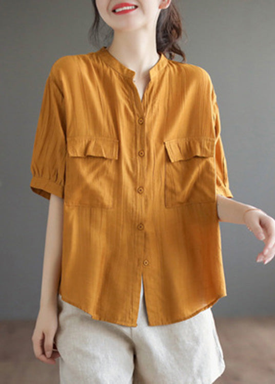 Italian Yellow V Neck Patchwork Button Solid Cotton Shirt Short Sleeve