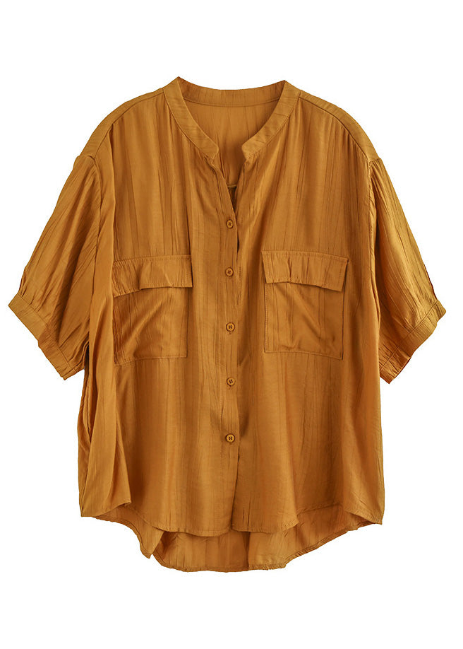 Italian Yellow V Neck Patchwork Button Solid Cotton Shirt Short Sleeve