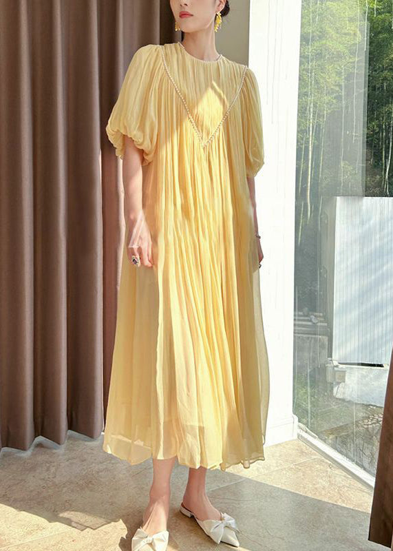 Italian Yellow Wrinkled Nail Bead Chiffon Long Dress Puff Sleeve