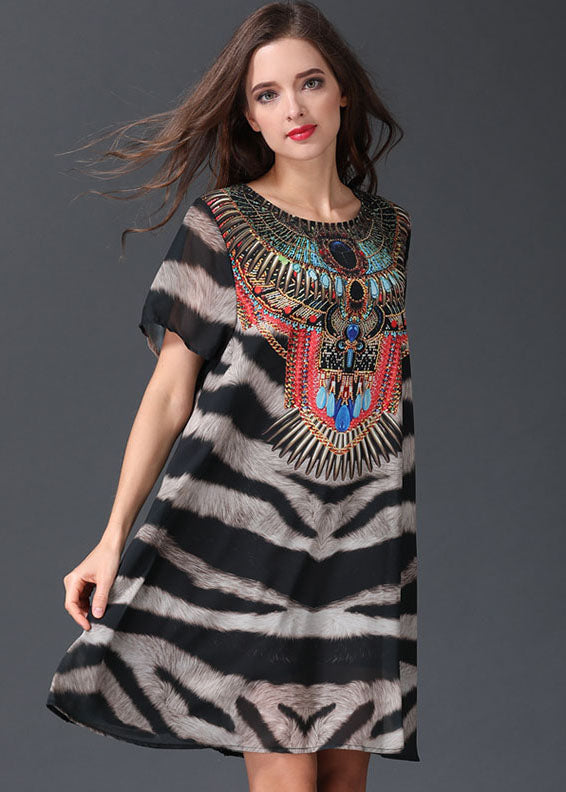 Italian Zebra Pattern O Neck Patchwork Chiffon Mid Dresses Summer