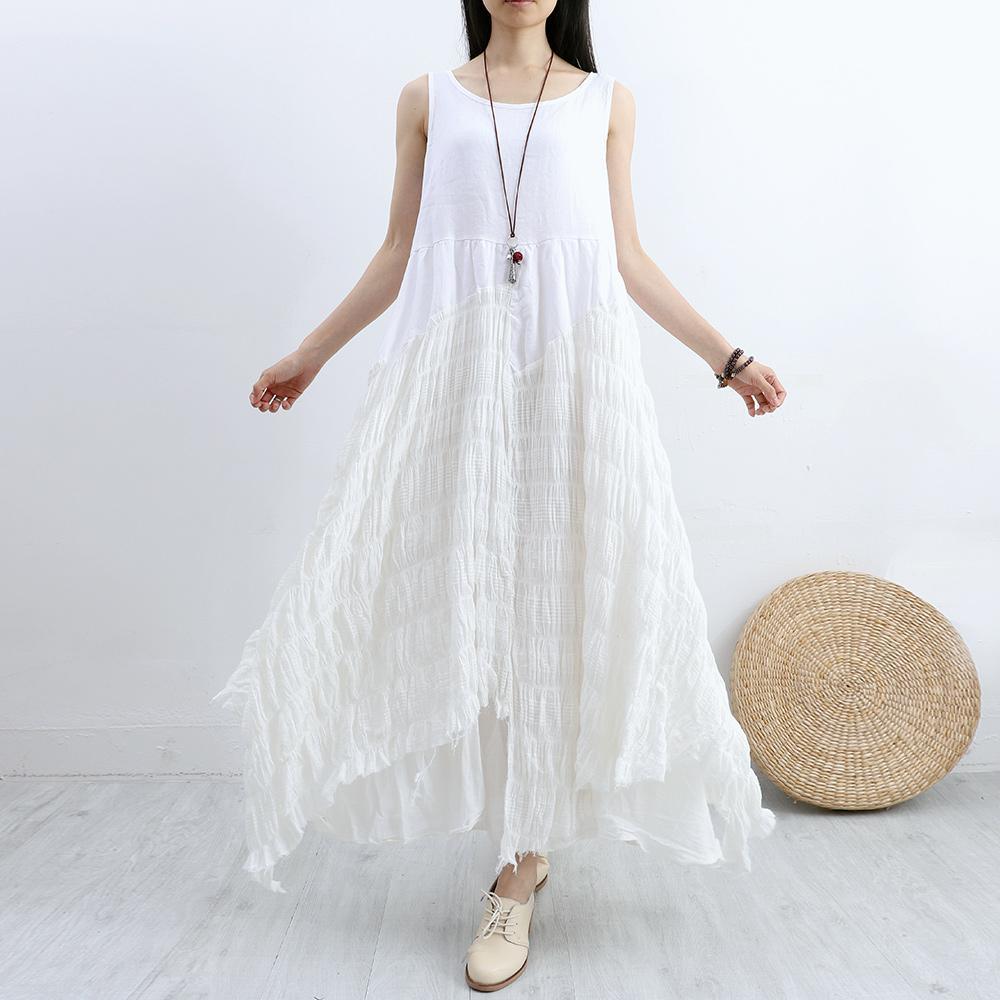 Italian asymmetric hem linen clothes For Women Neckline white patchwork Dresses summer - Omychic
