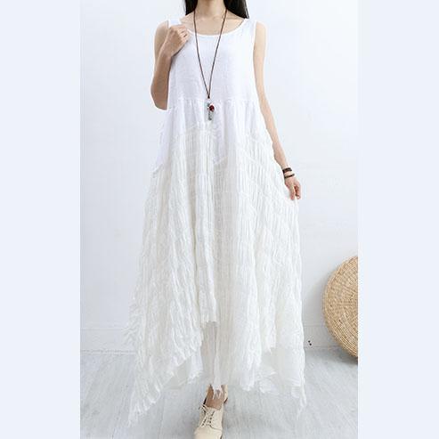 Italian asymmetric hem linen clothes For Women Neckline white patchwork Dresses summer - Omychic