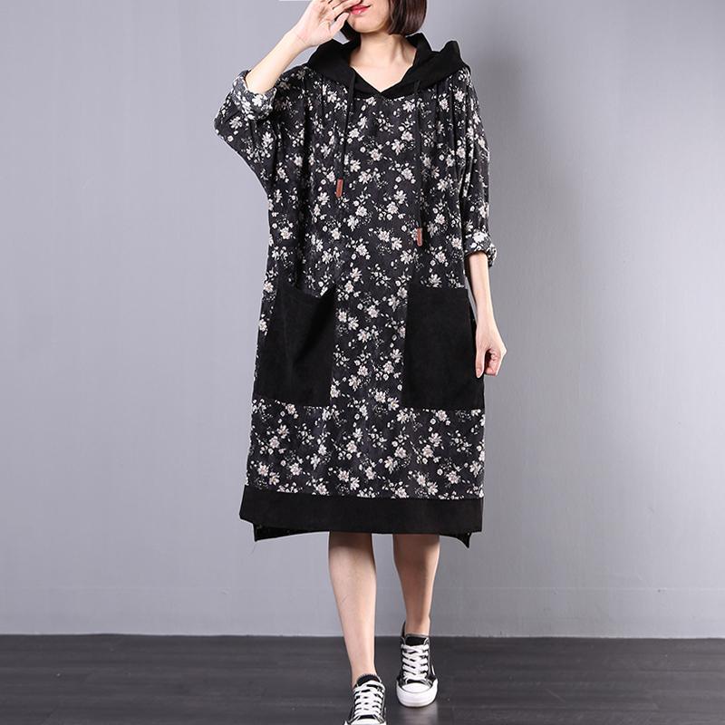 Italian big pockets corduroy tunic top pattern black prints Plus Size Dress fall - Omychic