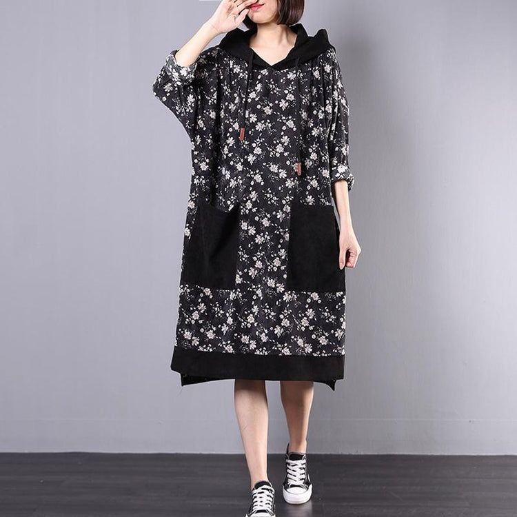 Italian big pockets corduroy tunic top pattern black prints Plus Size Dress fall - Omychic