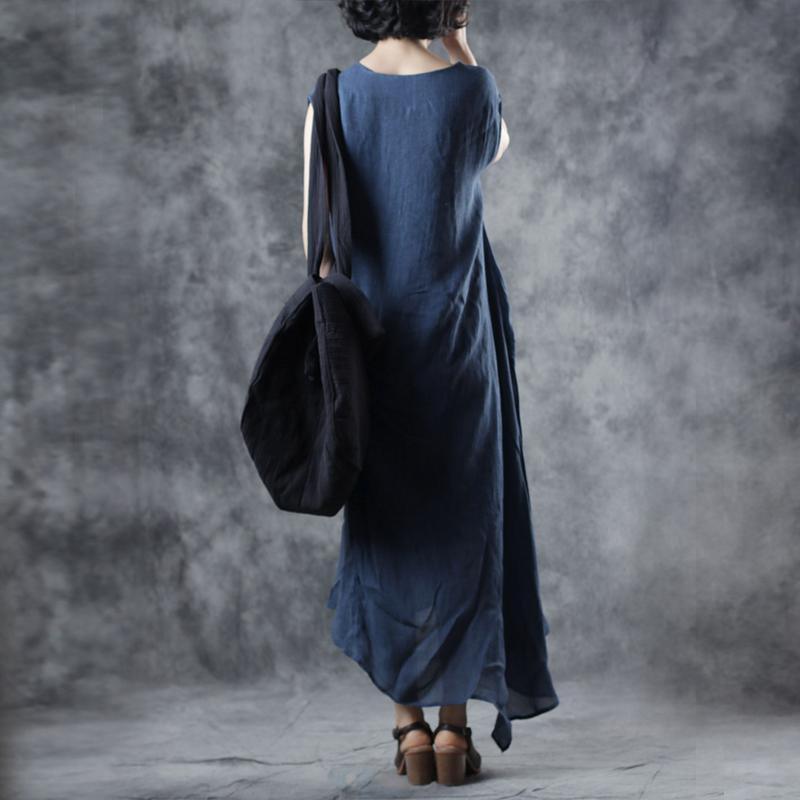 Italian Blue Clothes Sleeveless V Neck Asymmetric Loose Summer Dresses - Omychic