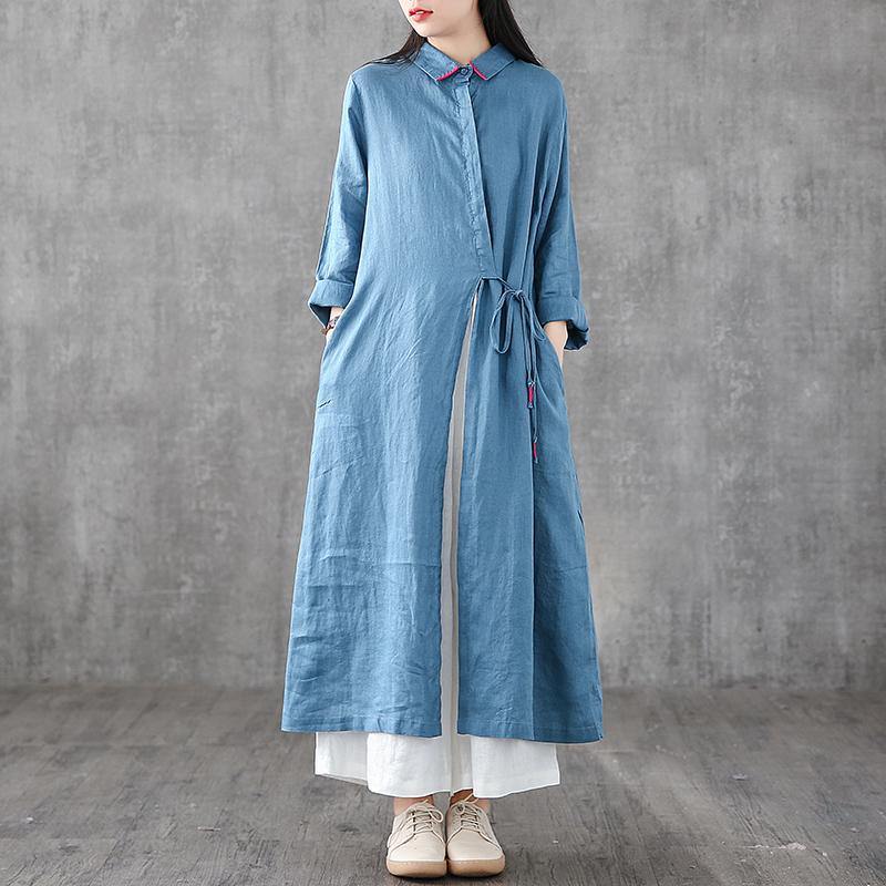 Italian blue linen Robes lapel drawstring Traveling Dress - Omychic