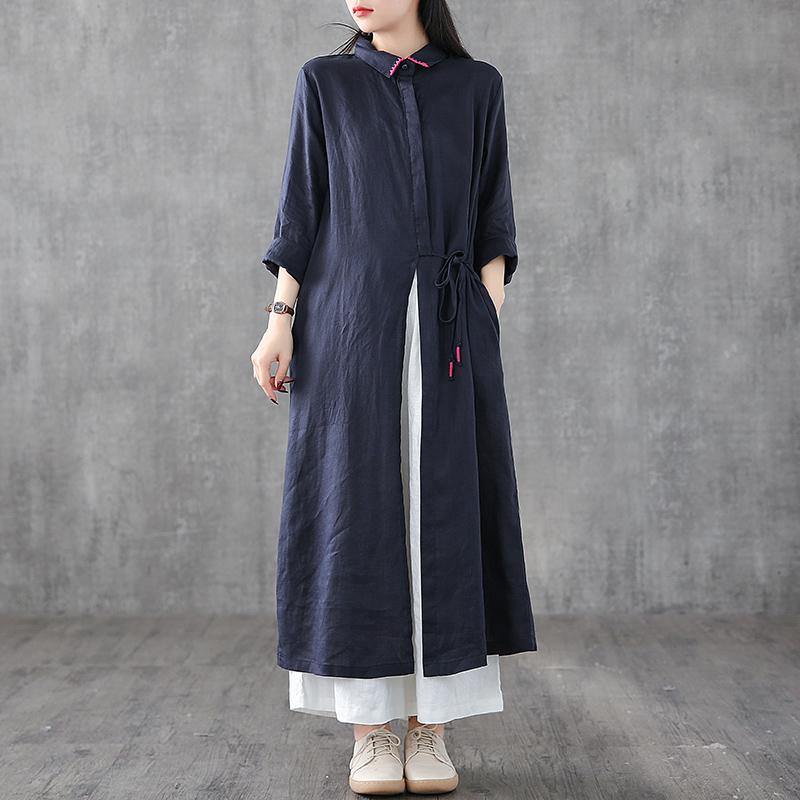 Italian blue linen Robes lapel drawstring Traveling Dress - Omychic