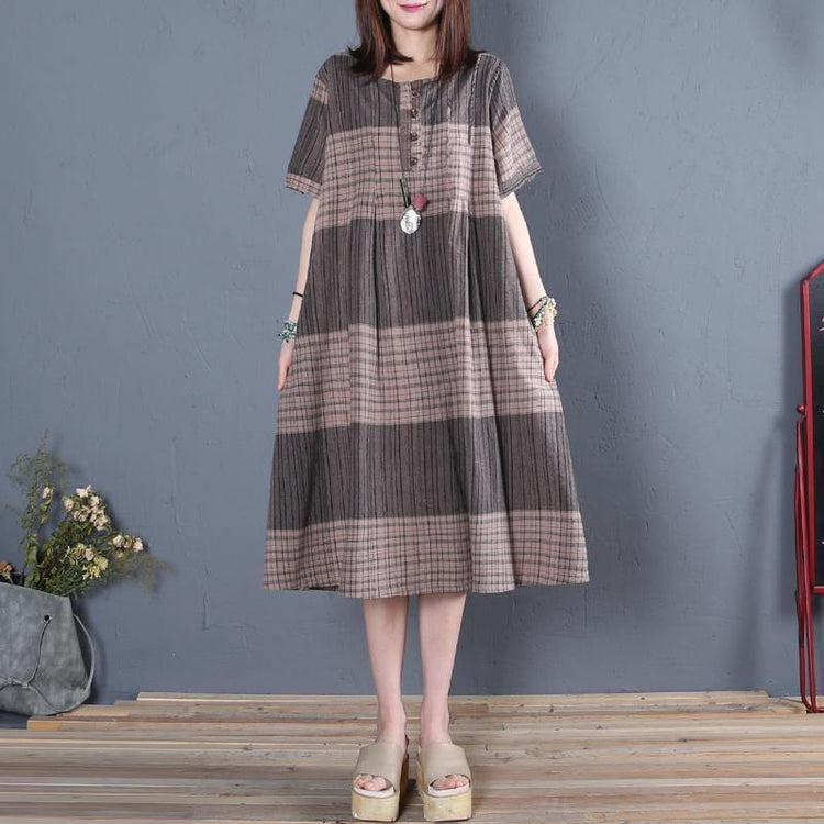 Italian brown Plaid Cotton linen Tunics o neck A Line summer Dresses - Omychic