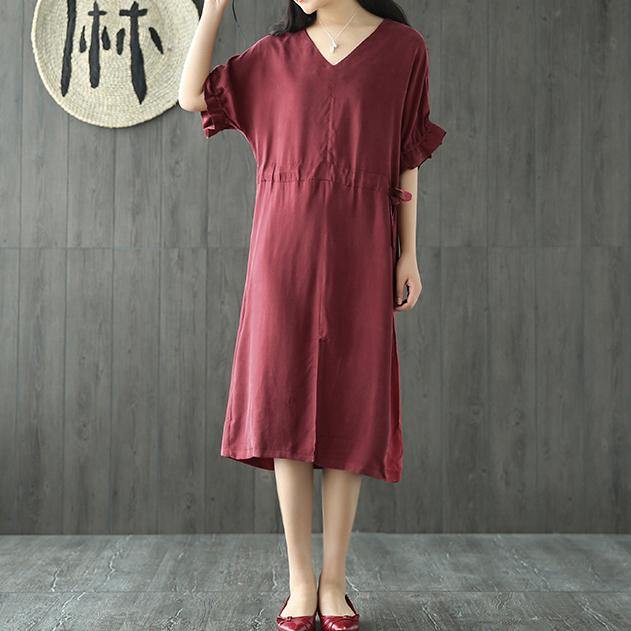 Italian burgundy silk clothes For Women v neck drawstring daily summer Dress - Omychic