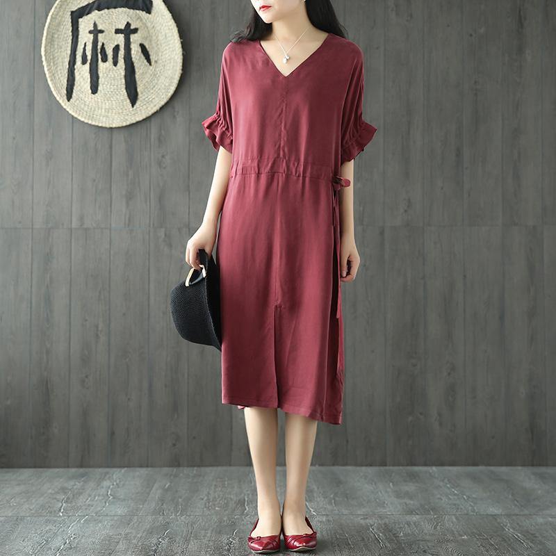 Italian burgundy silk clothes For Women v neck drawstring daily summer Dress - Omychic