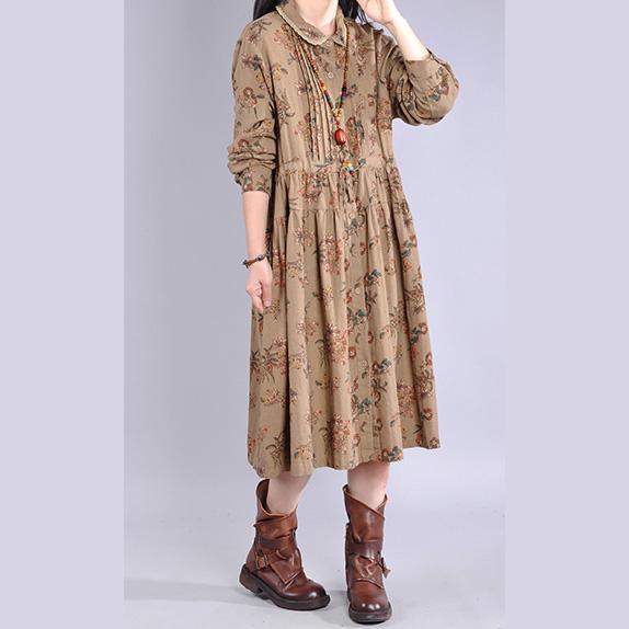 Italian chocolate print cotton clothes For Women Peter pan Collar Maxi Dress - Omychic
