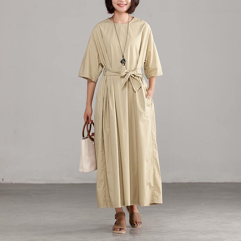 Italian cotton clothes Women Drops Design Khaki Loose Lacing Round Neck Cotton Dress - Omychic