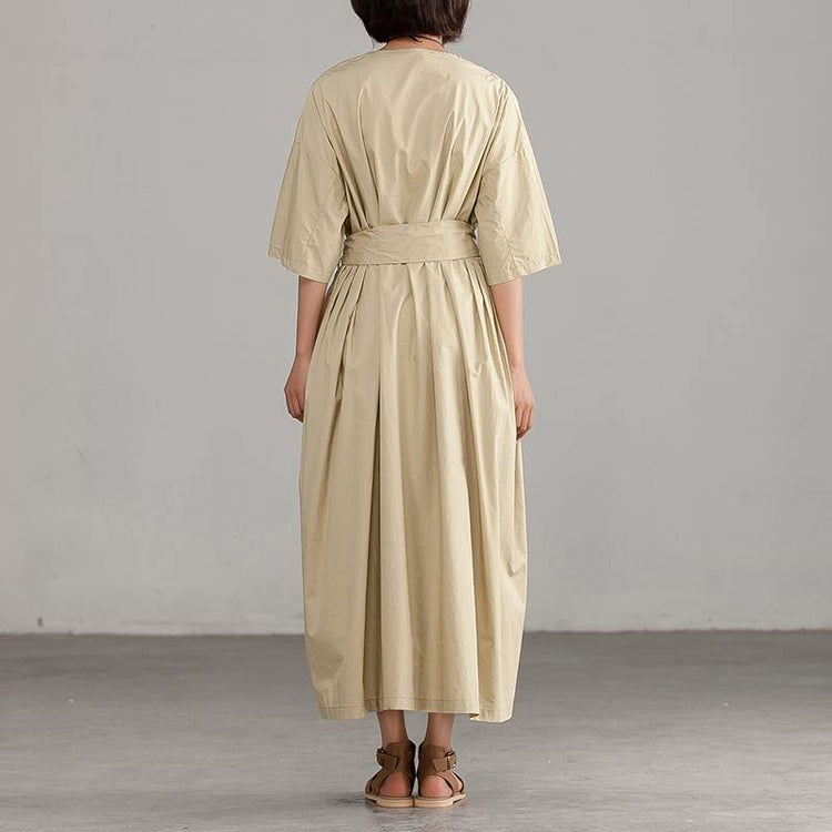 Italian cotton clothes Women Drops Design Khaki Loose Lacing Round Neck Cotton Dress - Omychic
