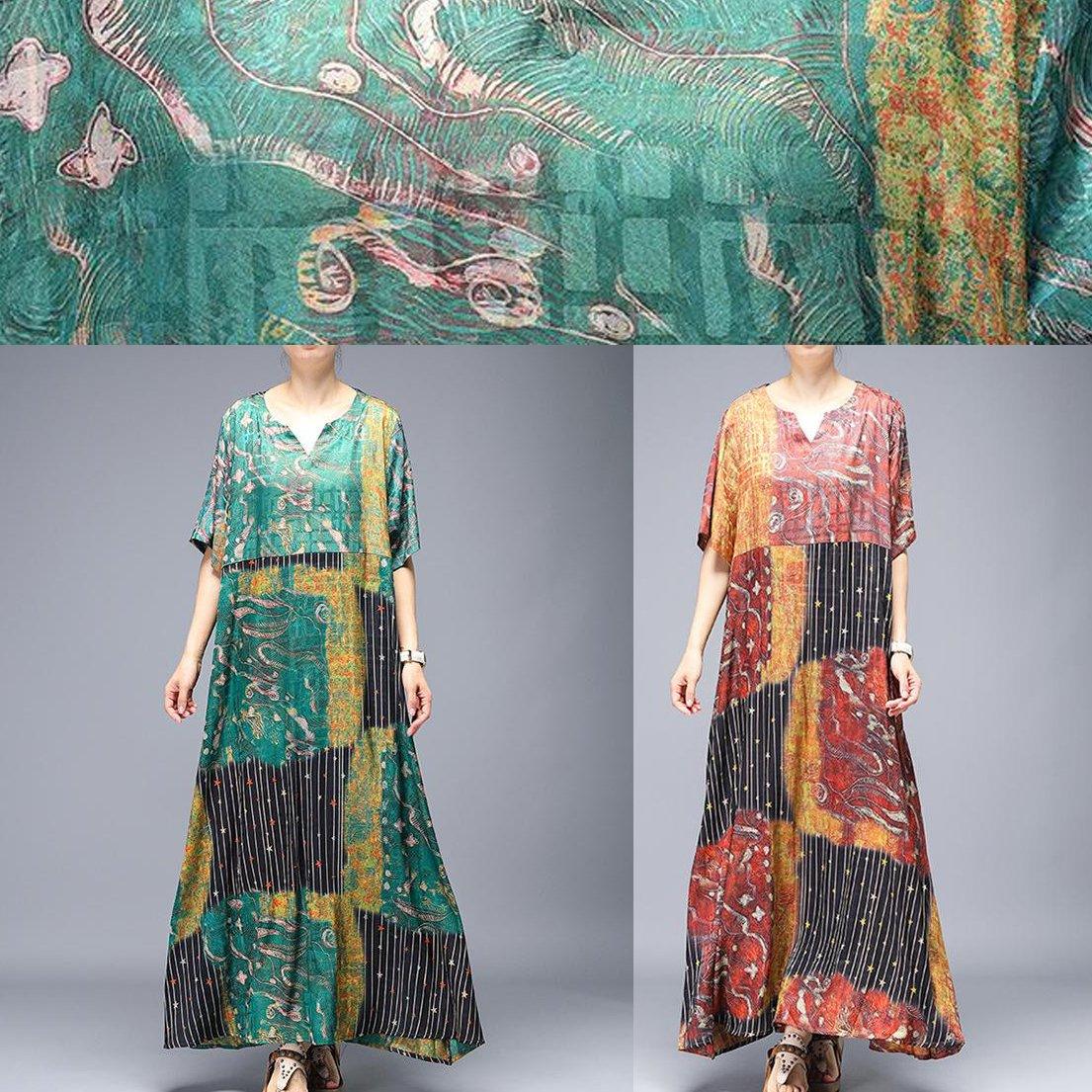 Italian cotton yellow clothes For Women Mom Vintage Loose Irregular V-Neck Print Dress - Omychic