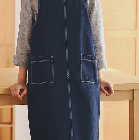 Italian denim blue linen clothes For Women design Sleeveless pockets Maxi Summer Dresses - Omychic