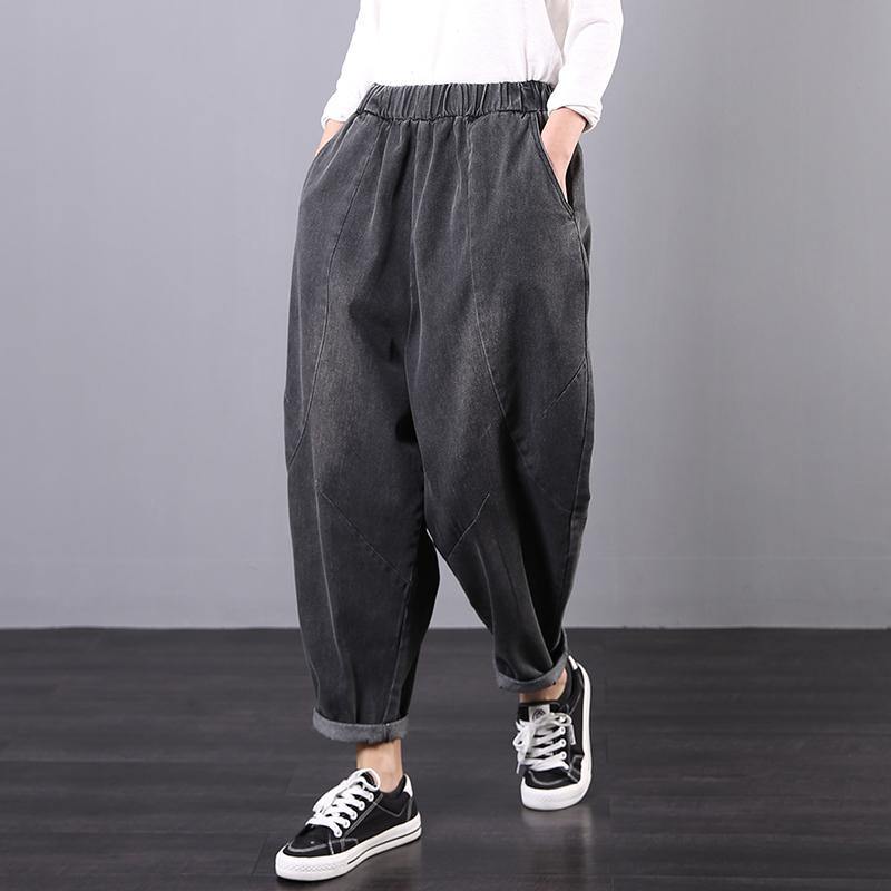 Italian denim gray trousers elastic waist Tutorials trousers - Omychic
