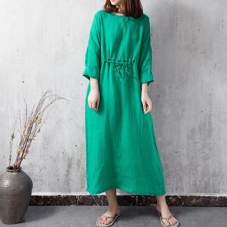 Italian drawstring linen cotton dresses Neckline green Dresses summer - Omychic