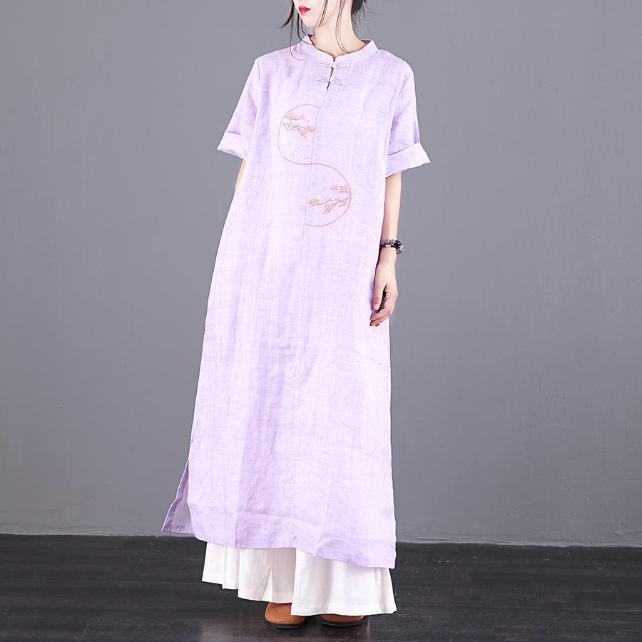 Italian embroidery Chinese Button linen Robes design light purple Dress summer - Omychic