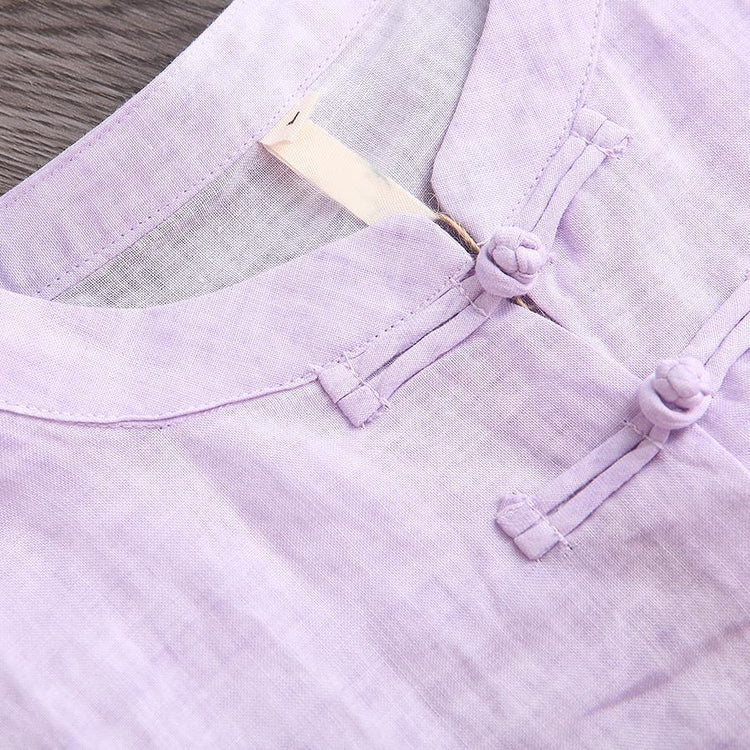 Italian embroidery Chinese Button linen Robes design light purple Dress summer - Omychic
