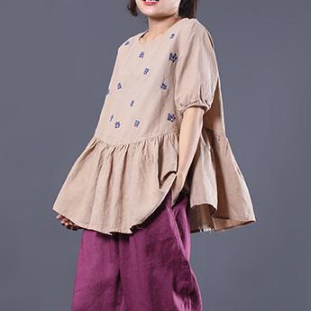 Italian embroidery cotton linen tops women blouses Work khaki wrinkled blouses summer - Omychic