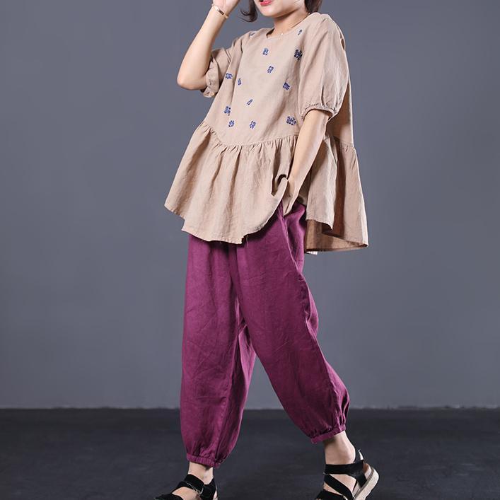Italian embroidery cotton linen tops women blouses Work khaki wrinkled blouses summer - Omychic