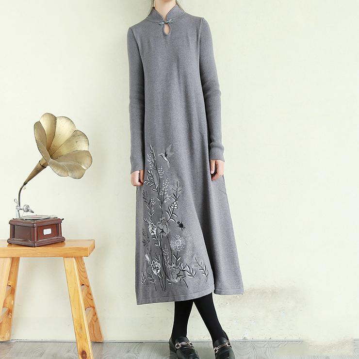 Italian embroidery cotton stand collar tunic dress Tutorials gray Traveling Dress - Omychic