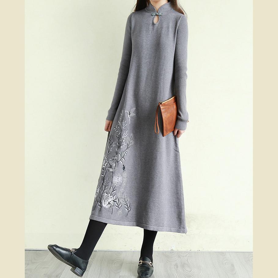 Italian embroidery cotton stand collar tunic dress Tutorials gray Traveling Dress - Omychic