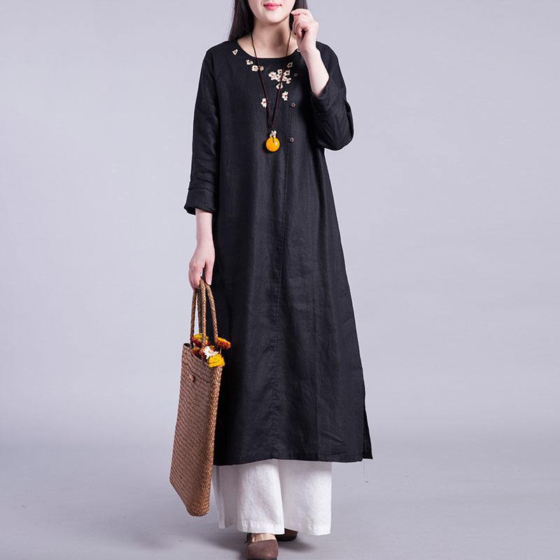 Italian embroidery linen Robes pattern black o neck Dresses summer - Omychic