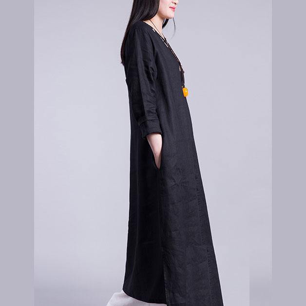 Italian embroidery linen Robes pattern black o neck Dresses summer - Omychic